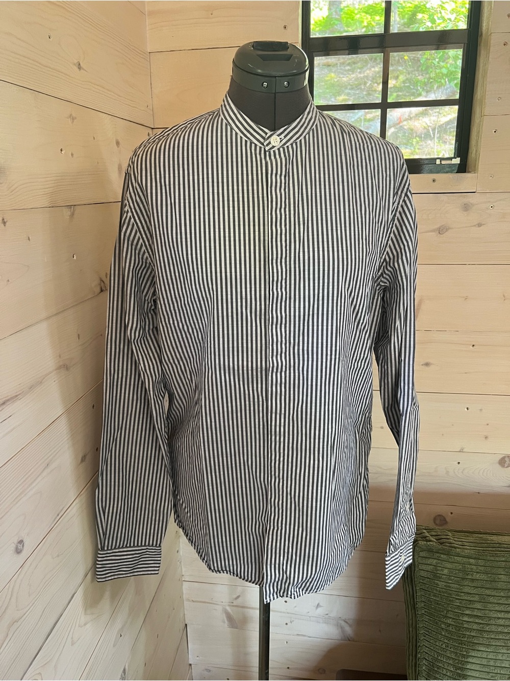 Mens Vince Black & White Vertical Stripe Mandarin Collar Shirt